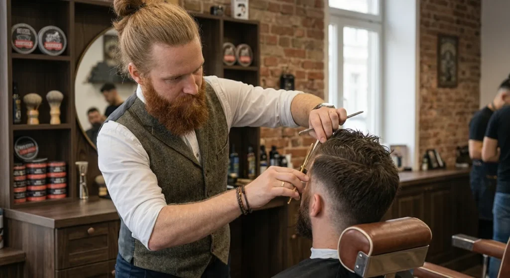 Barber z rudą brodą i koczkiem strzyże klienta nożyczkami w salonie