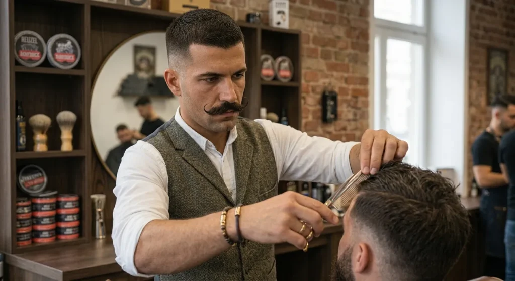 Barber z wąsami w kamizelce strzyże klienta w salonie z ceglaną ścianą