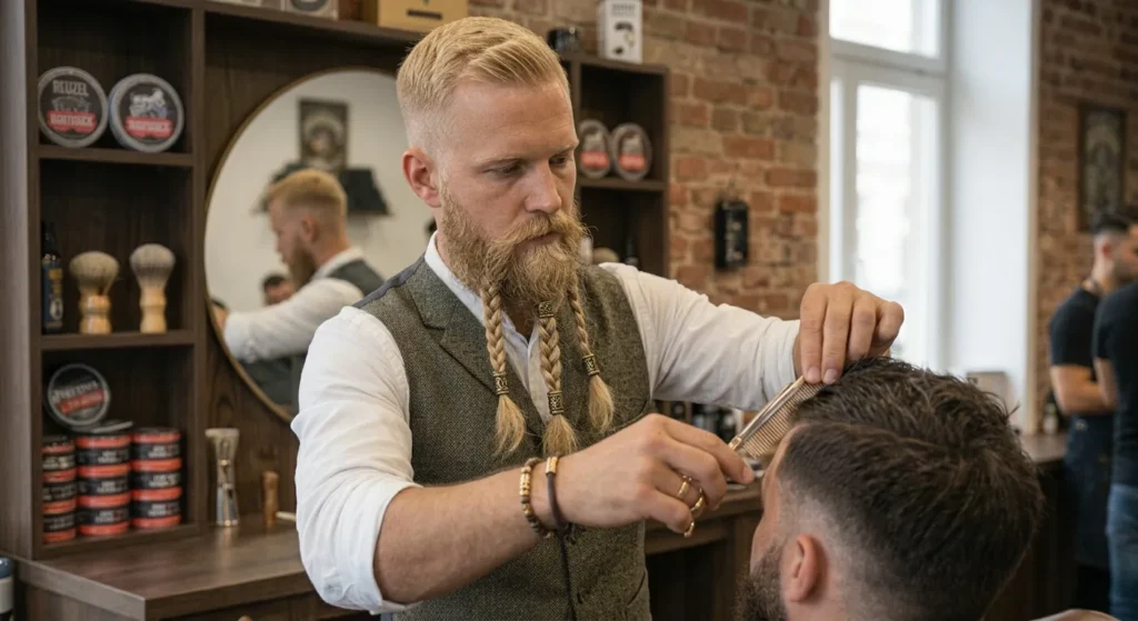 Barber z jasną brodą splecioną w warkocze strzyże klienta w salonie