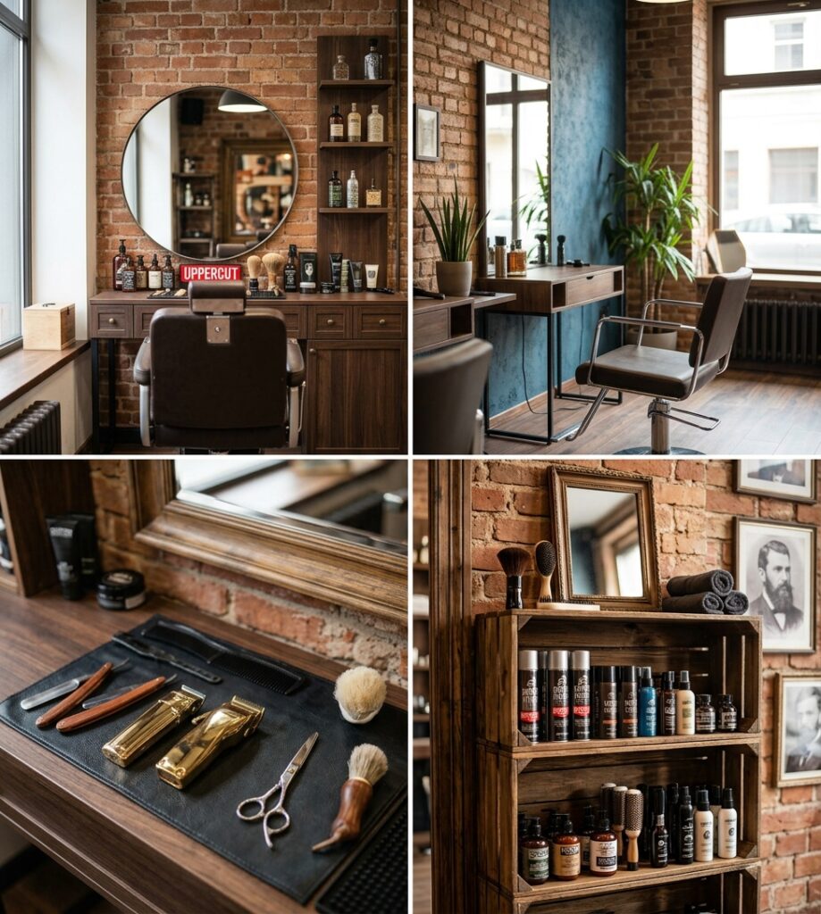 Cztery ujęcia salonu barberskiego: stanowisko z okrągłym lustrem, fotel przy oknie, narzędzia na blacie i drewniana półka z kosmetykami