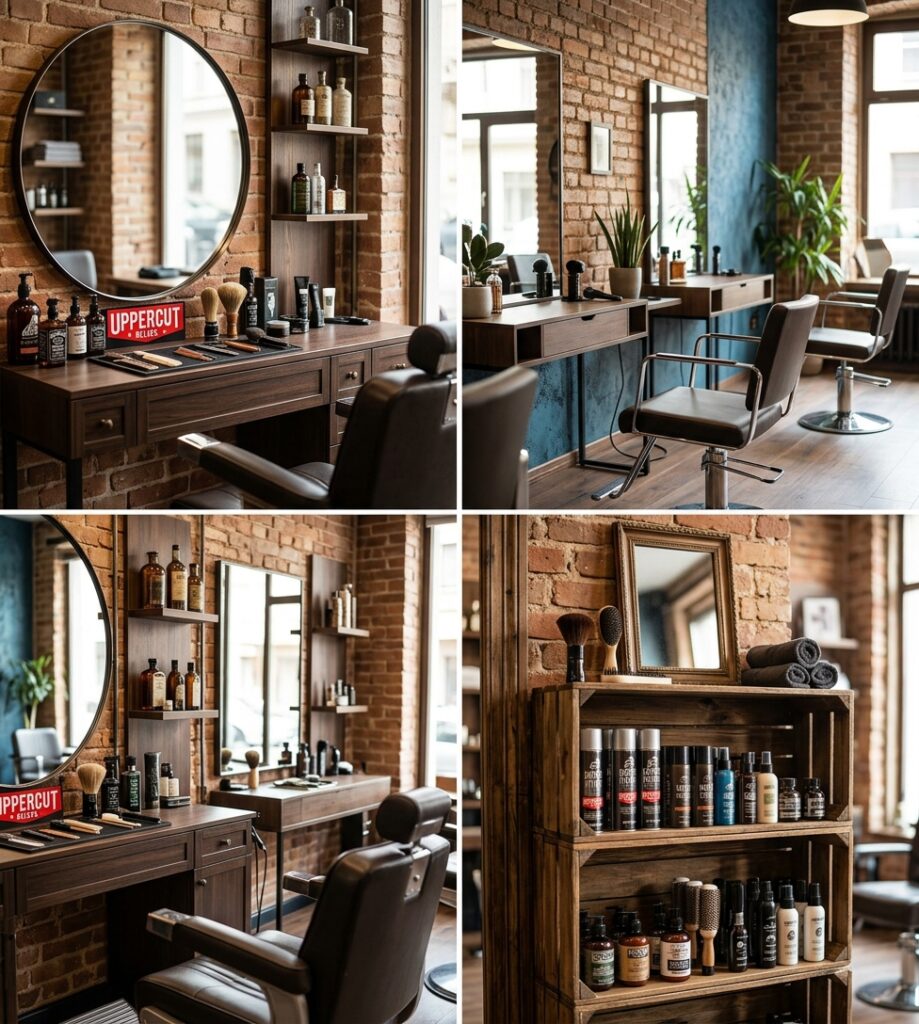 Cztery ujęcia salonu barberskiego: stanowiska z lustrami i skórzanymi fotelami przy ceglanej ścianie oraz drewniana półka z kosmetykami