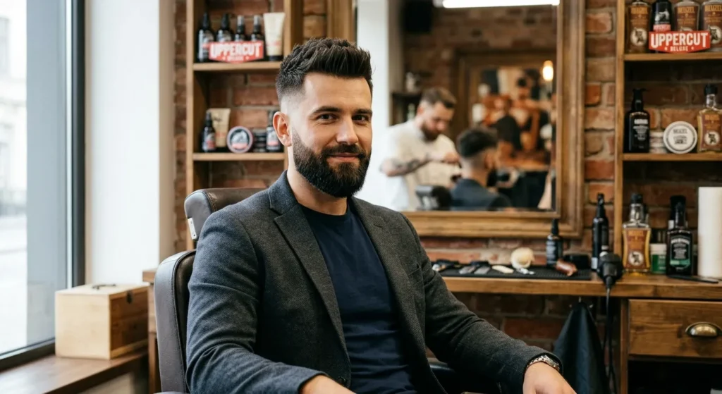 Mężczyzna z brodą i ciemnymi włosami w fotelu salonu barberskiego