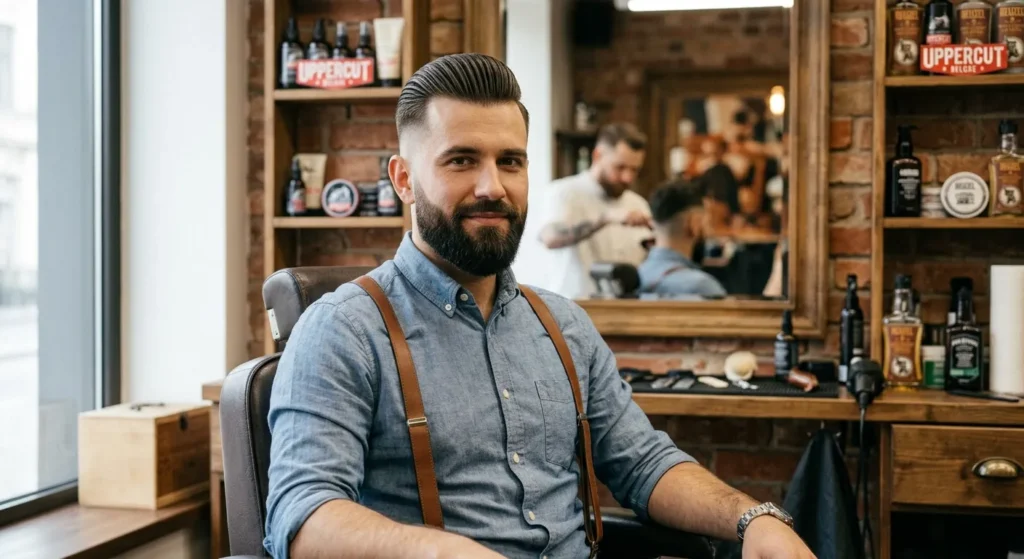Mężczyzna z brodą w niebieskiej koszuli i szelkach w fotelu barberskim