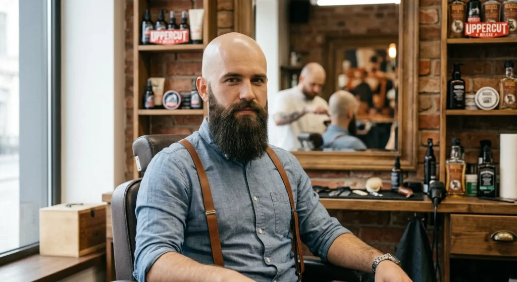 Łysy mężczyzna z długą brodą w niebieskiej koszuli, siedzi w salonie barberskim