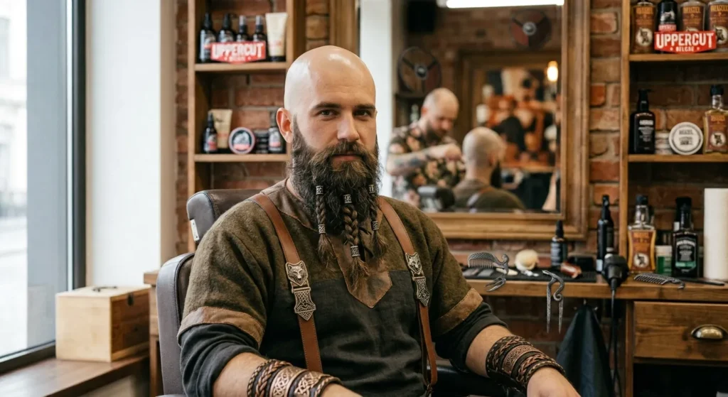 Łysy mężczyzna z brodą w brązowej kurtce w fotelu salonu barberskiego