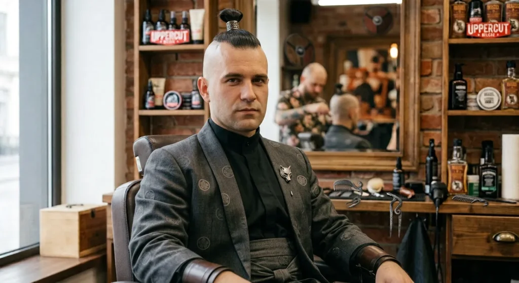 Mężczyzna z krótkimi włosami w szarej marynarce w fotelu barberskim