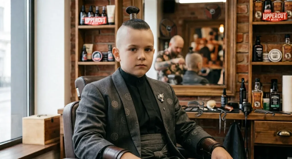 Młody klient w szarej marynarce siedzi w salonie barberskim