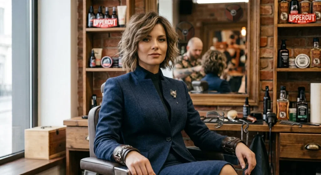 Kobieta z ułożonymi włosami w granatowej marynarce w fotelu salonu barberskiego